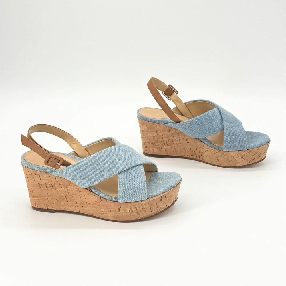 Marion Parke Maren Wedge Sandal Blue Denim Caramel Leather Cork IT 38 US 8